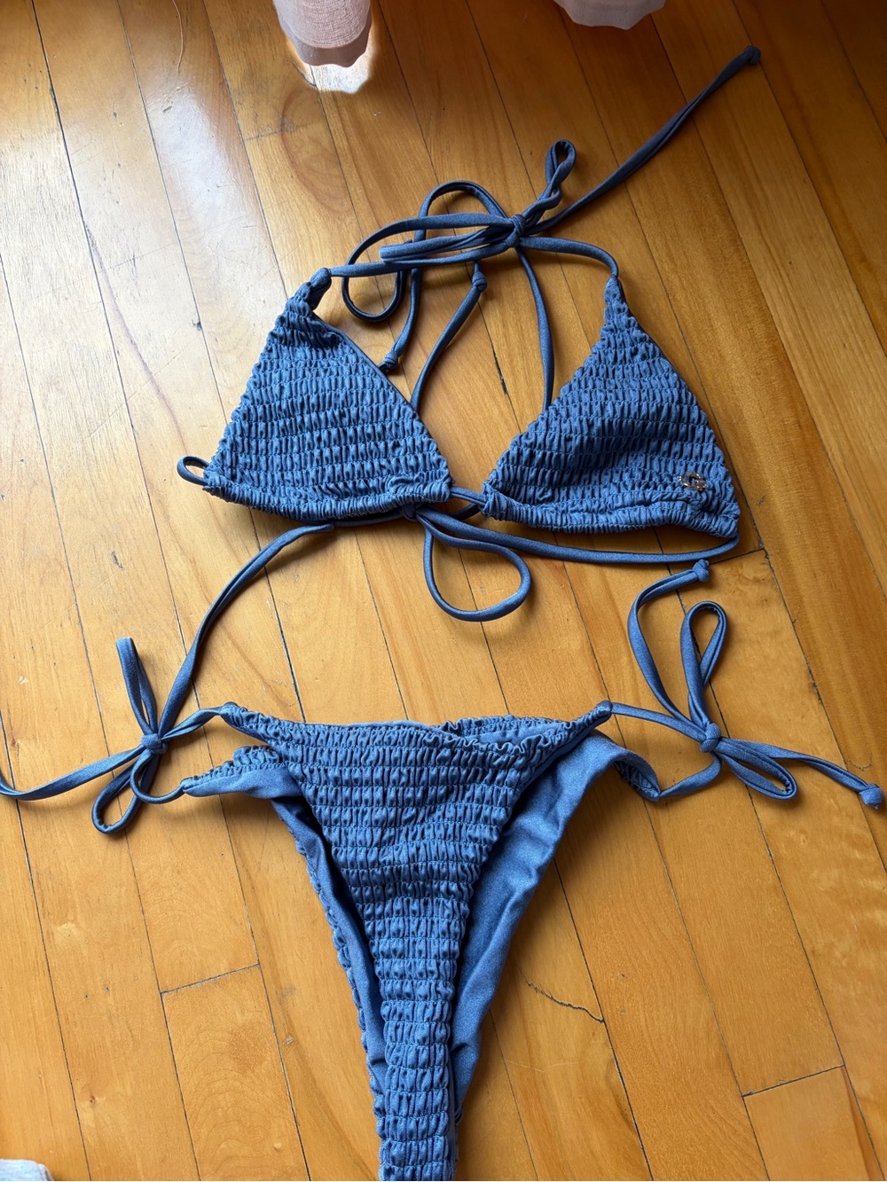 Smocked Triangle Tie-Side Bikini Set - Indigo Blue